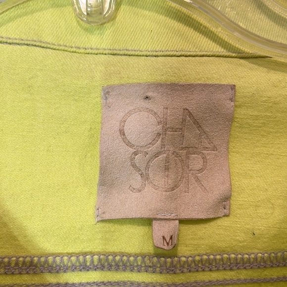 Chaser denim button front yellow green jacket women’s size medium w/stretch - Picture 2 of 5